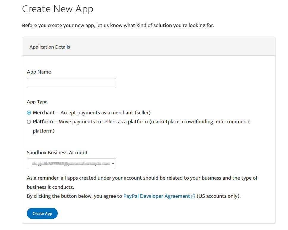 Fill in application details in PayPal developer console