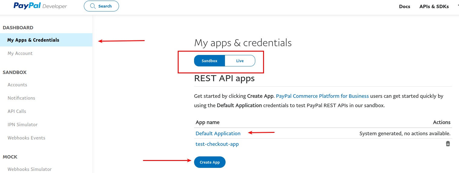 Create application in PayPal developer console